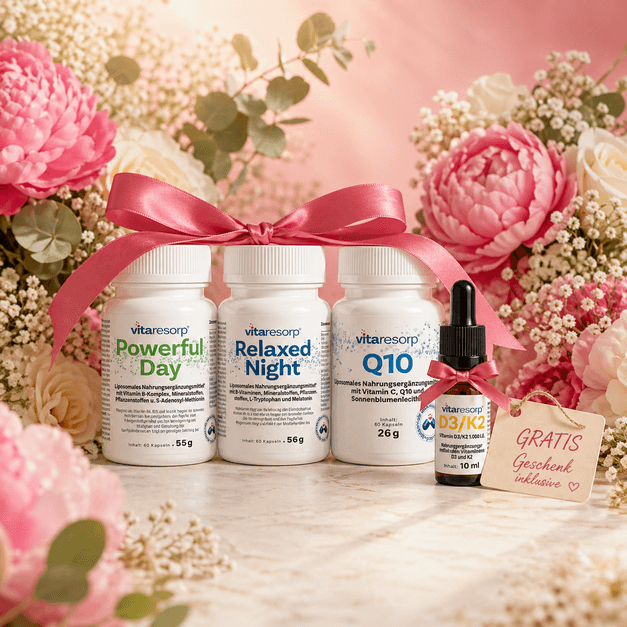 Muttertags-Bundle „Für Mama mit Sorgfalt” – Powerful Day, Relaxed Night, Q10 + Vitamin D3/K2 gratis